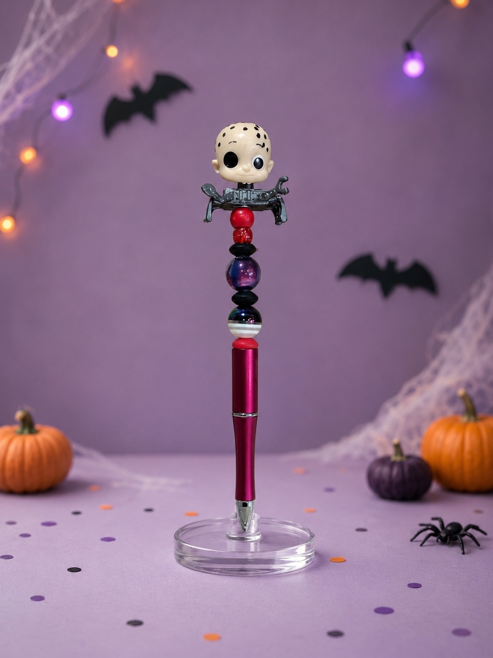 Handcrafted Pink Beaded Pen with Halloween Skull Accent by